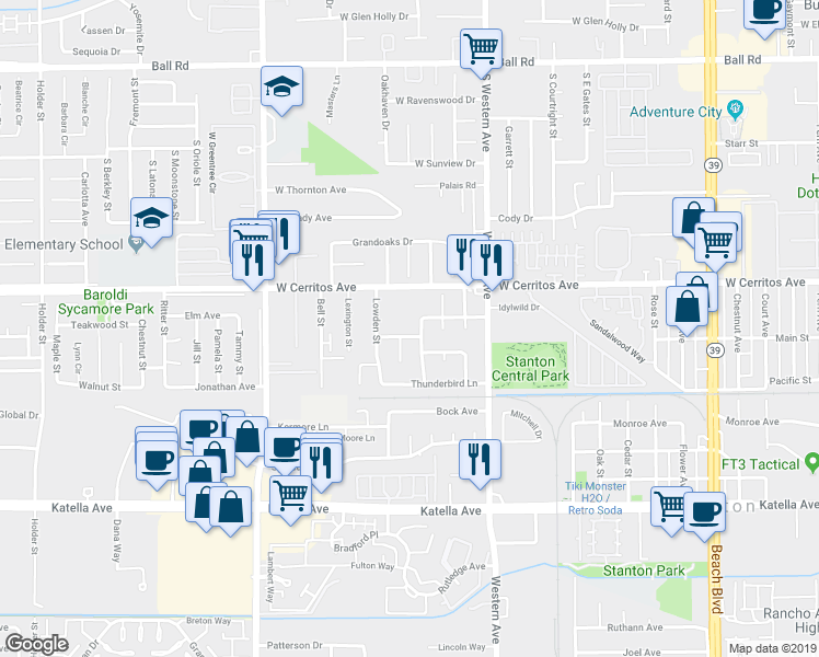 map of restaurants, bars, coffee shops, grocery stores, and more near 7301 Middlesex Drive in Stanton