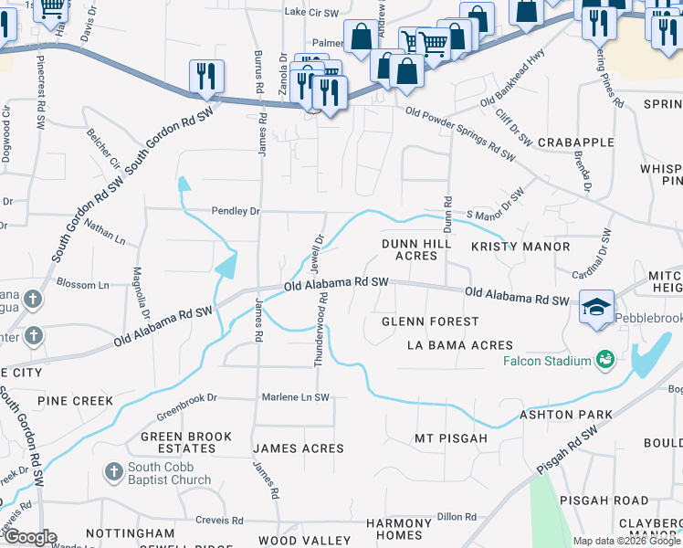 map of restaurants, bars, coffee shops, grocery stores, and more near 1360 Old Alabama Road Southwest in Mableton