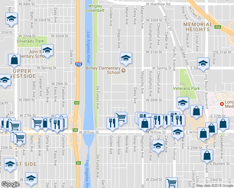 map of restaurants, bars, coffee shops, grocery stores, and more near 810 West Columbia Street in Long Beach