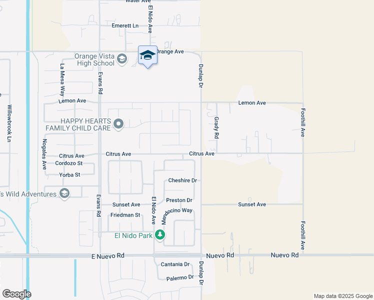 map of restaurants, bars, coffee shops, grocery stores, and more near 1479 Giosetta Street in Perris