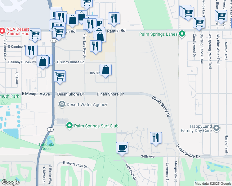 map of restaurants, bars, coffee shops, grocery stores, and more near Crossley Road in Palm Springs
