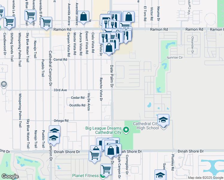 map of restaurants, bars, coffee shops, grocery stores, and more near Date Palm Drive & 33rd Avenue in Cathedral City