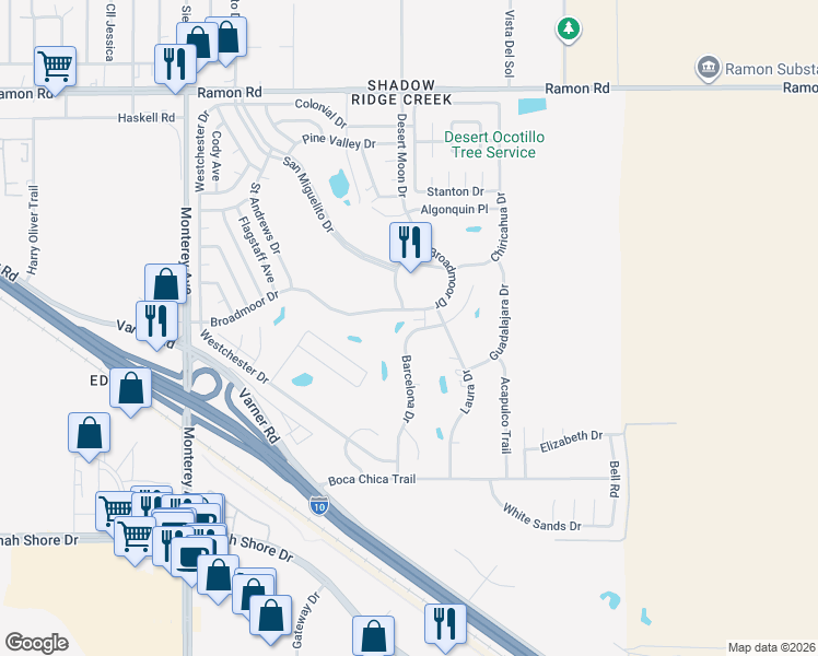 map of restaurants, bars, coffee shops, grocery stores, and more near 33169 Barcelona Drive in Thousand Palms