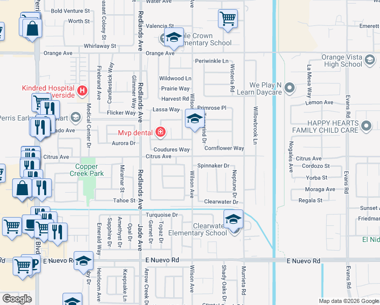 map of restaurants, bars, coffee shops, grocery stores, and more near 573 Coudures Way in Perris