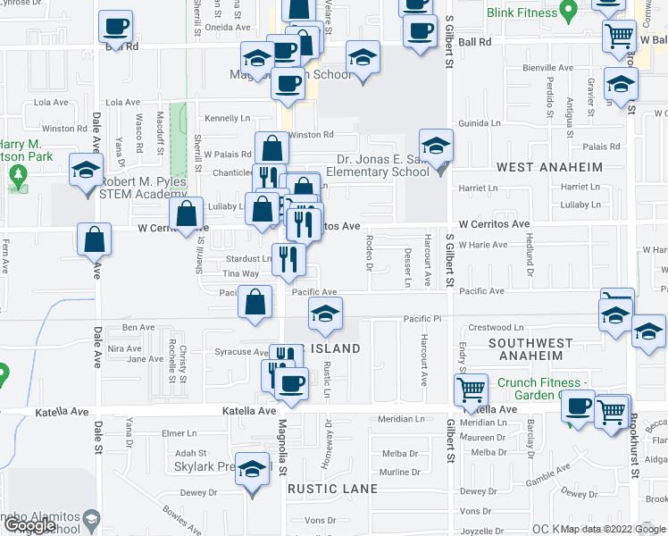 map of restaurants, bars, coffee shops, grocery stores, and more near 9093 Cris Avenue in Anaheim