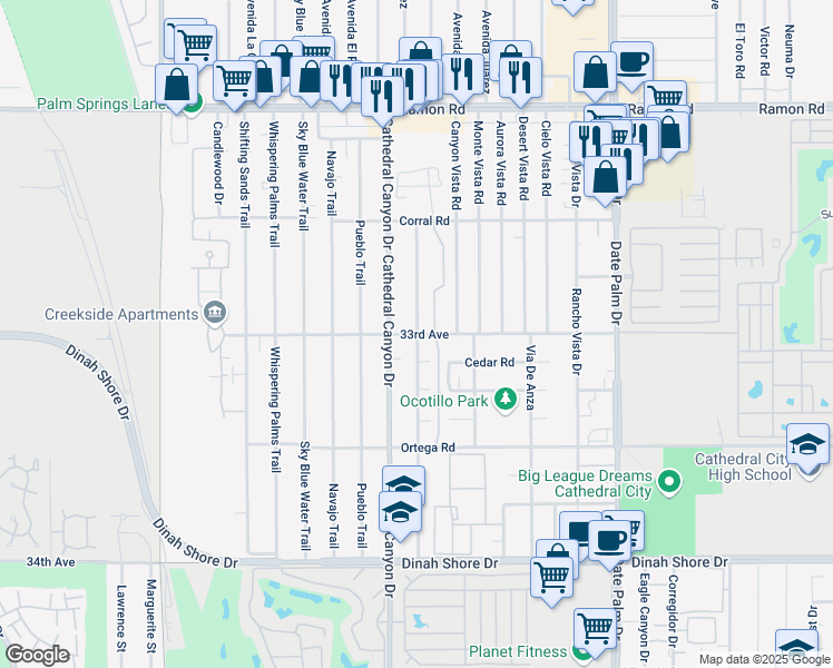 map of restaurants, bars, coffee shops, grocery stores, and more near 68620 33rd Avenue in Cathedral City