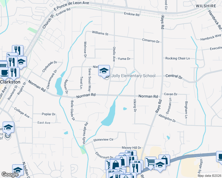 map of restaurants, bars, coffee shops, grocery stores, and more near 1021 Otello Avenue in Clarkston