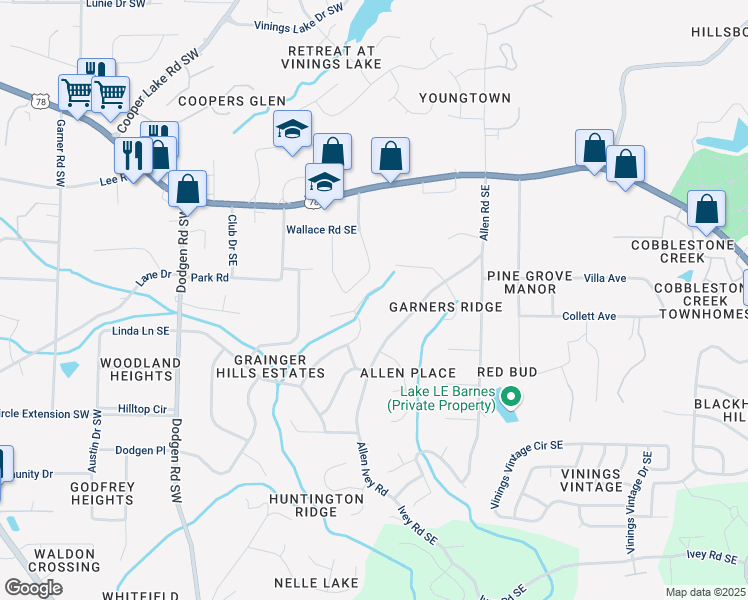 map of restaurants, bars, coffee shops, grocery stores, and more near 110 Ridge Court Southeast in Mableton