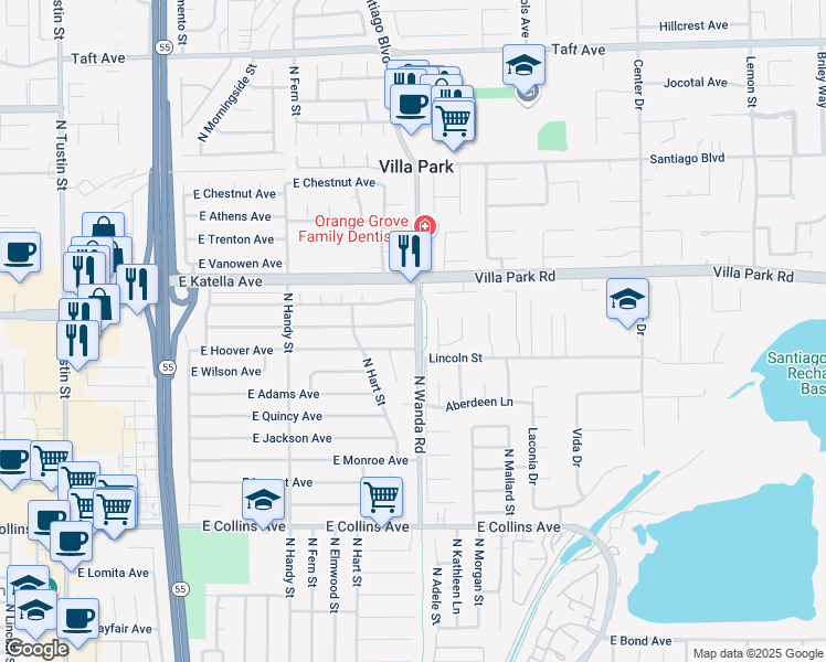 map of restaurants, bars, coffee shops, grocery stores, and more near 2908 East Coolidge Avenue in Orange