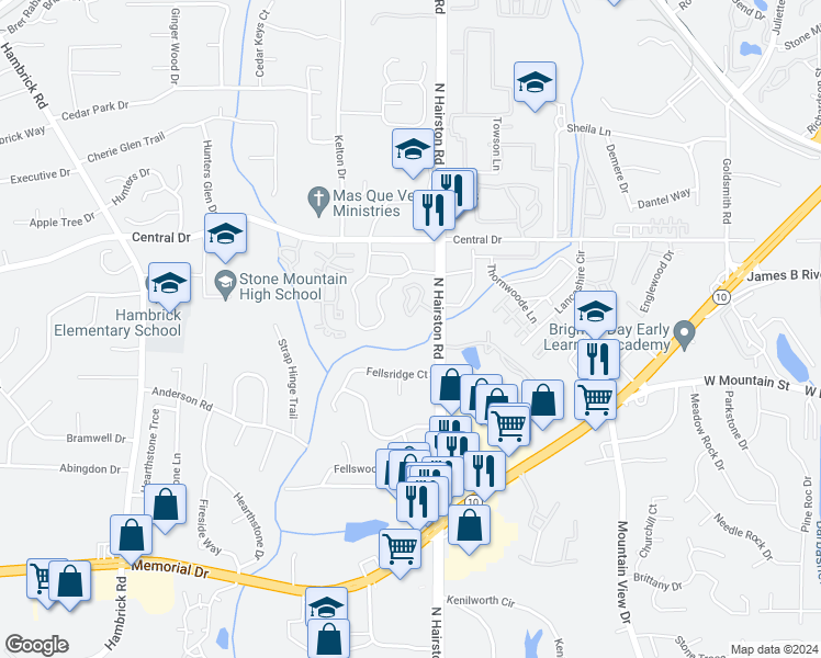 map of restaurants, bars, coffee shops, grocery stores, and more near 1016 Mariners Court in Stone Mountain