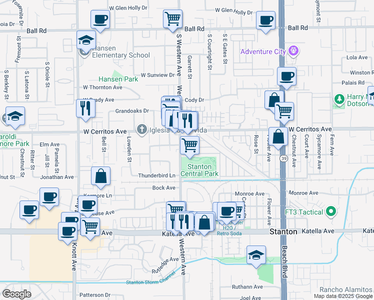 map of restaurants, bars, coffee shops, grocery stores, and more near 10601 Western Avenue in Stanton