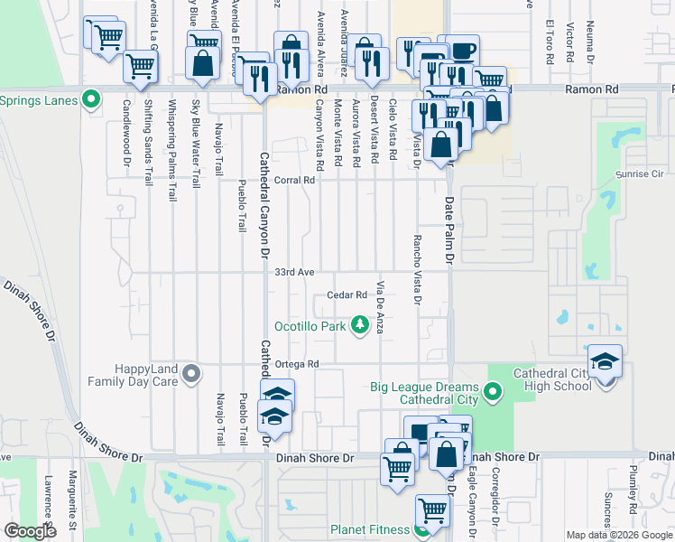 map of restaurants, bars, coffee shops, grocery stores, and more near 68701 33rd Avenue in Cathedral City