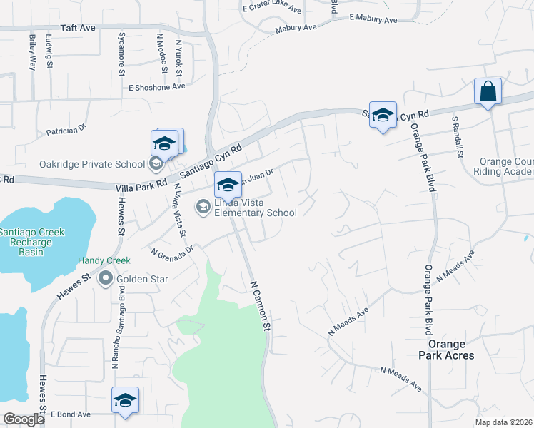map of restaurants, bars, coffee shops, grocery stores, and more near 1195 North Navarro Place in Orange