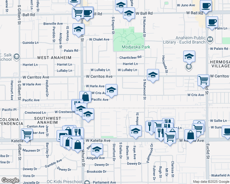 map of restaurants, bars, coffee shops, grocery stores, and more near 2033 West Cris Avenue in Anaheim