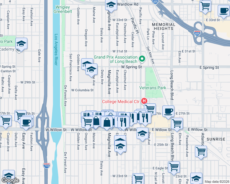 map of restaurants, bars, coffee shops, grocery stores, and more near 2824 Eucalyptus Avenue in Long Beach