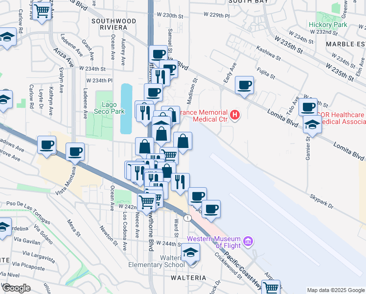 map of restaurants, bars, coffee shops, grocery stores, and more near 23820 Hawthorne Boulevard in Torrance