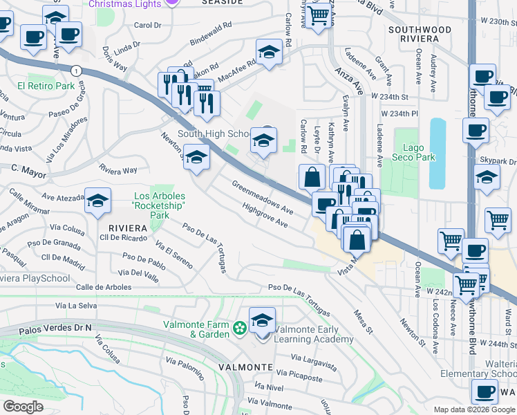 map of restaurants, bars, coffee shops, grocery stores, and more near 4620 Highgrove Avenue in Torrance
