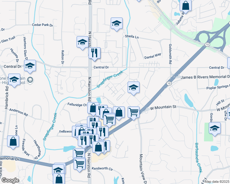 map of restaurants, bars, coffee shops, grocery stores, and more near 1021 Thorn Woode Lane in Stone Mountain