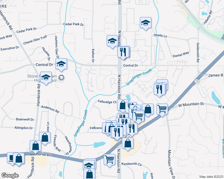 map of restaurants, bars, coffee shops, grocery stores, and more near 1018 Mariners Court in Stone Mountain