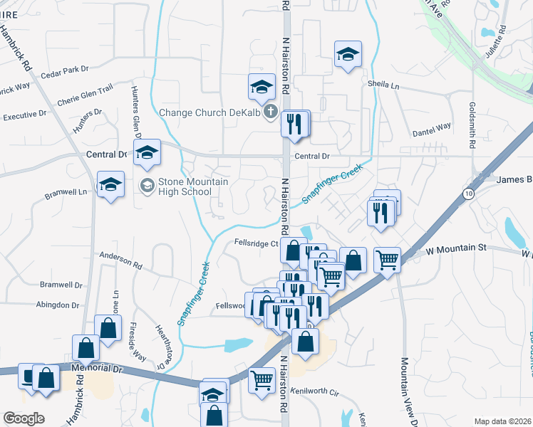 map of restaurants, bars, coffee shops, grocery stores, and more near 1016 Mariners Court in Stone Mountain