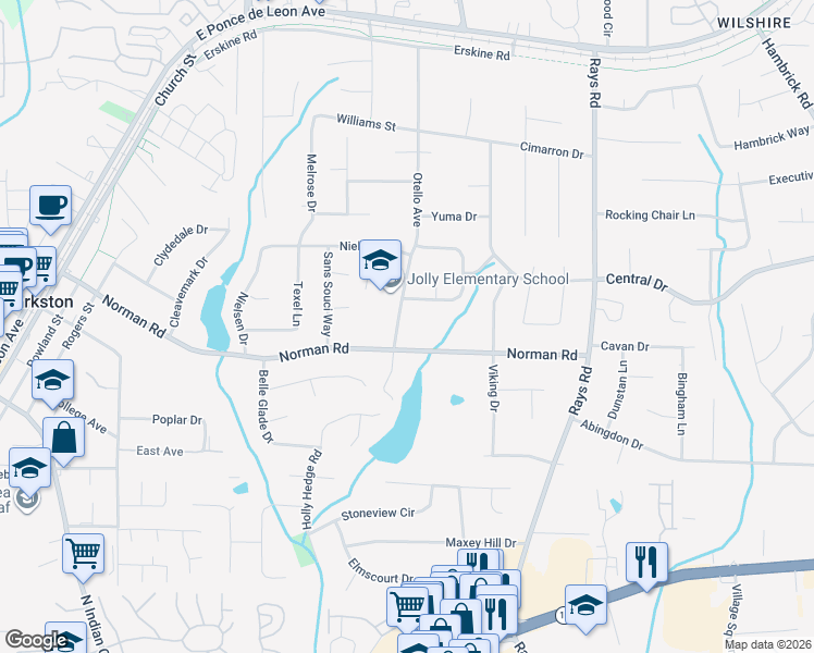map of restaurants, bars, coffee shops, grocery stores, and more near 1021 Otello Avenue in Clarkston