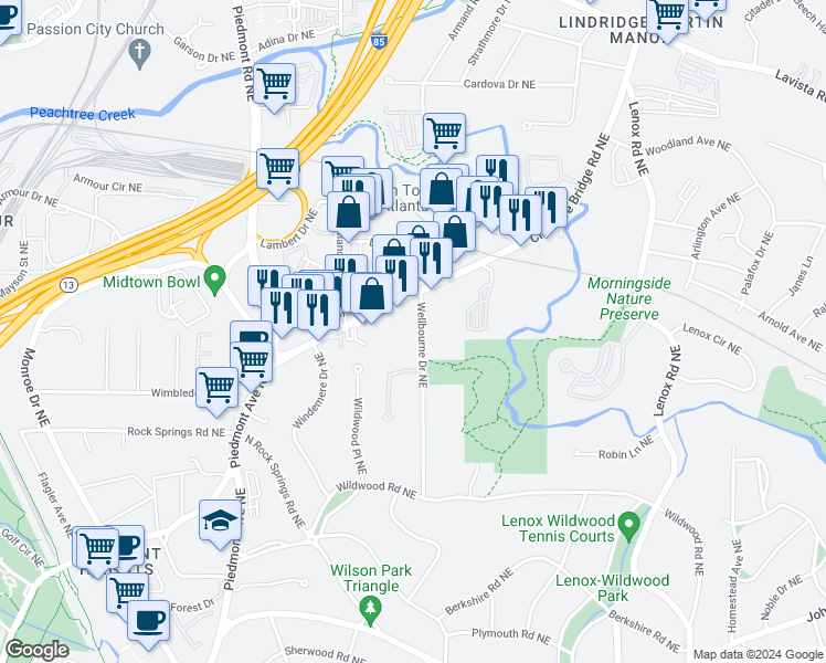 map of restaurants, bars, coffee shops, grocery stores, and more near 1969 Wellbourne Drive Northeast in Atlanta