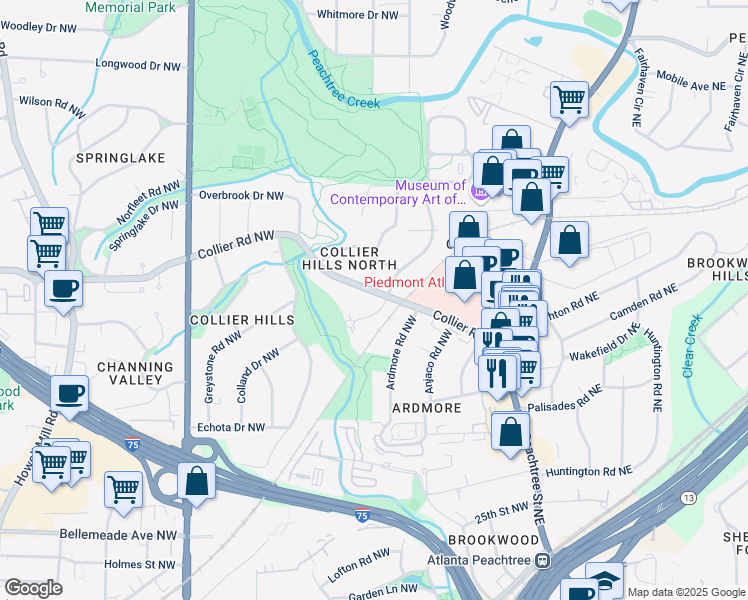 map of restaurants, bars, coffee shops, grocery stores, and more near 400 Collier Road Northwest in Atlanta