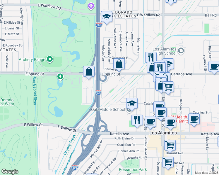 map of restaurants, bars, coffee shops, grocery stores, and more near 7890 East Spring Street in Long Beach