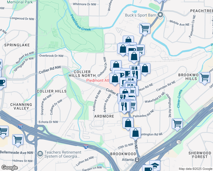 map of restaurants, bars, coffee shops, grocery stores, and more near 275 Collier Road Northwest in Atlanta