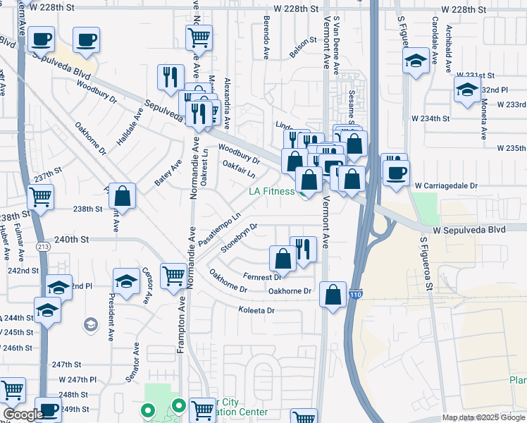 map of restaurants, bars, coffee shops, grocery stores, and more near 23811 Stonecourt Circle in West Carson
