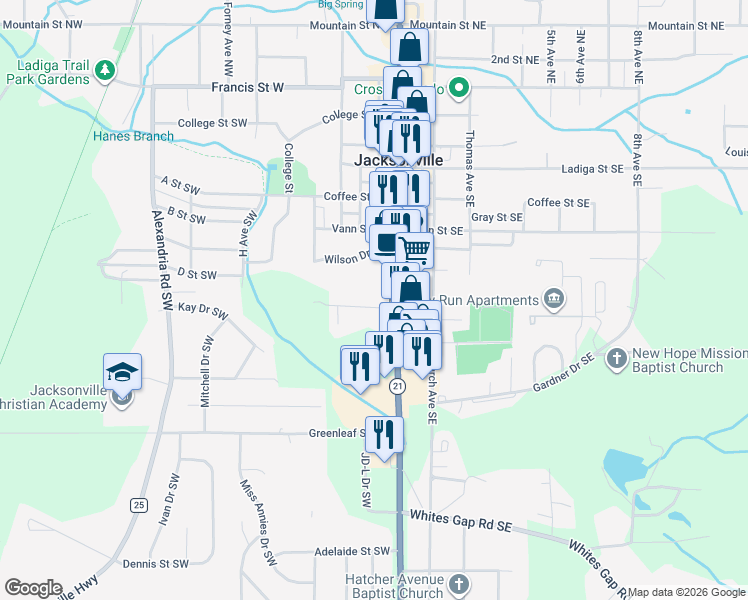 map of restaurants, bars, coffee shops, grocery stores, and more near 111 Eighty Oak Street Southwest in Jacksonville