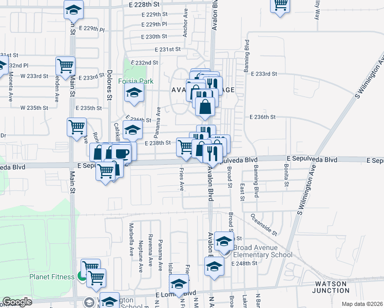 map of restaurants, bars, coffee shops, grocery stores, and more near 514 East 238th Place in Carson