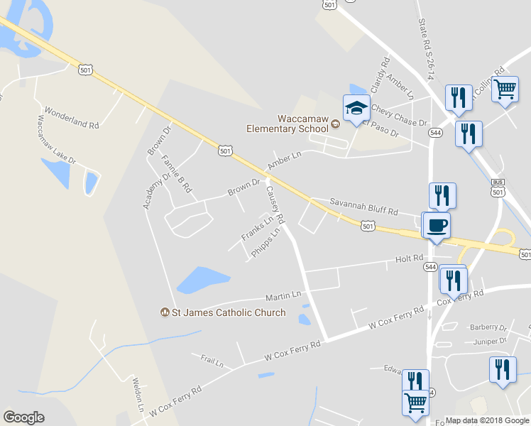 map of restaurants, bars, coffee shops, grocery stores, and more near 1007 Franks Lane in Conway