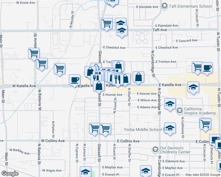 map of restaurants, bars, coffee shops, grocery stores, and more near 220 East Katella Avenue in Orange