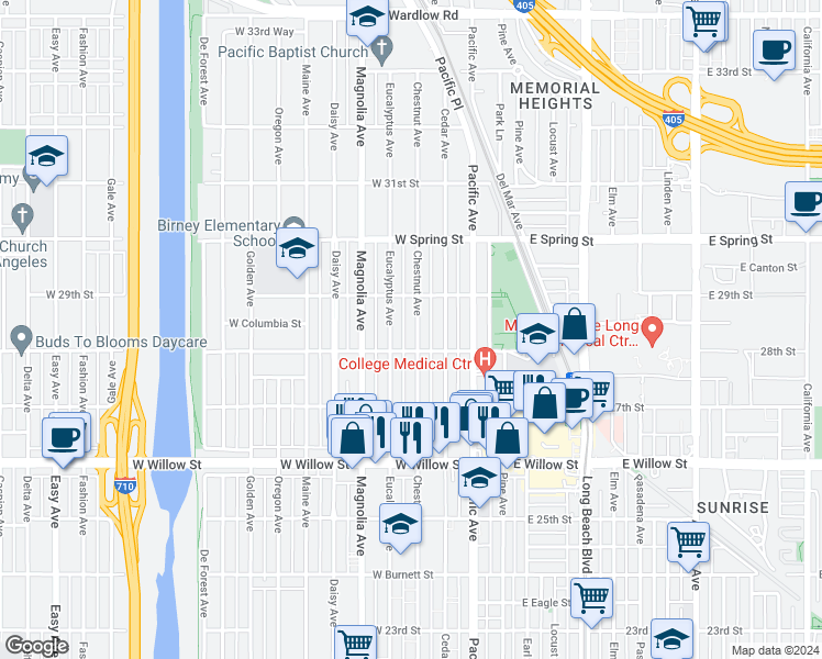 map of restaurants, bars, coffee shops, grocery stores, and more near 2835 Chestnut Avenue in Long Beach
