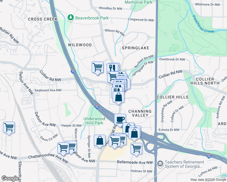 map of restaurants, bars, coffee shops, grocery stores, and more near 1984 Howell Mill Road Northwest in Atlanta