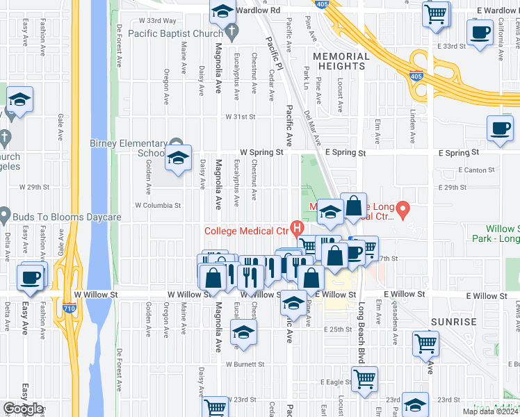 map of restaurants, bars, coffee shops, grocery stores, and more near 2832 Chestnut Avenue in Long Beach