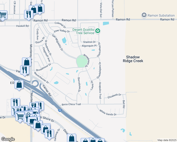 map of restaurants, bars, coffee shops, grocery stores, and more near 33080 Barcelona Drive in Thousand Palms