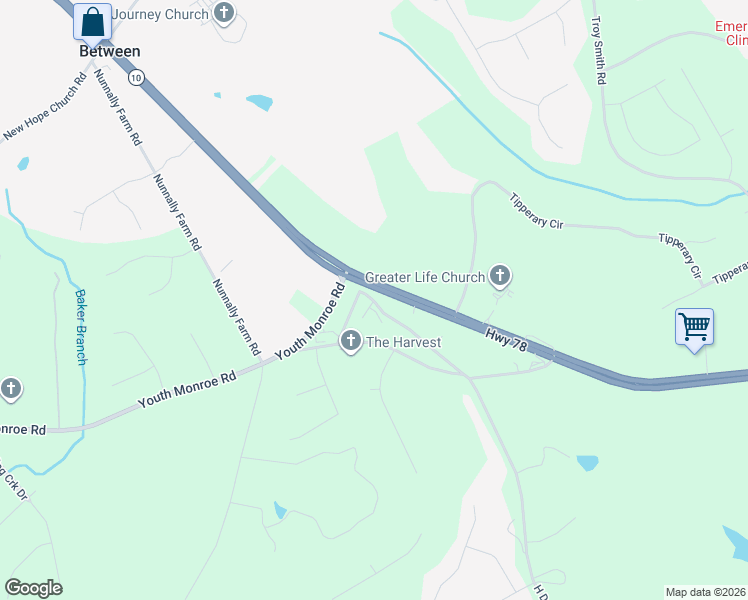 map of restaurants, bars, coffee shops, grocery stores, and more near 421 H D Atha Road in Monroe