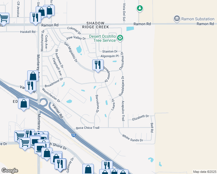 map of restaurants, bars, coffee shops, grocery stores, and more near 33080 Barcelona Drive in Thousand Palms