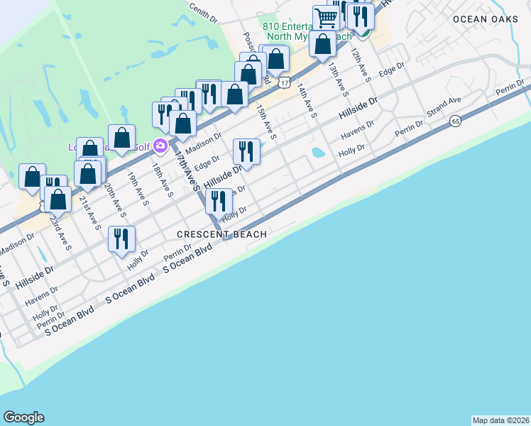 map of restaurants, bars, coffee shops, grocery stores, and more near 1519 South Ocean Boulevard in North Myrtle Beach