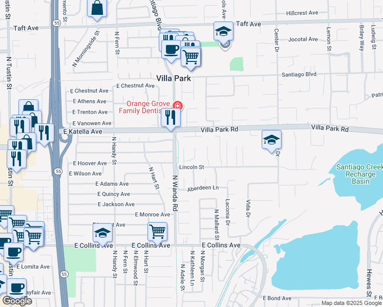 map of restaurants, bars, coffee shops, grocery stores, and more near 10561 Covington Circle in Villa Park