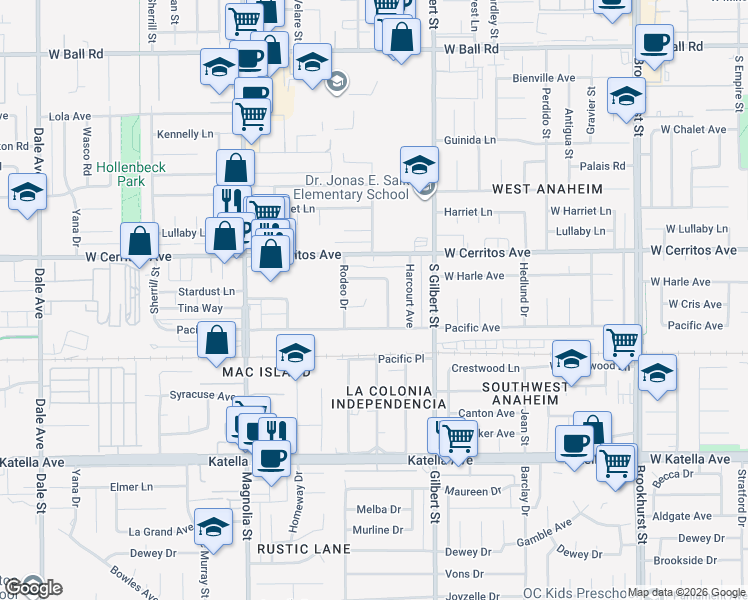 map of restaurants, bars, coffee shops, grocery stores, and more near 9302 Tina Way in Anaheim