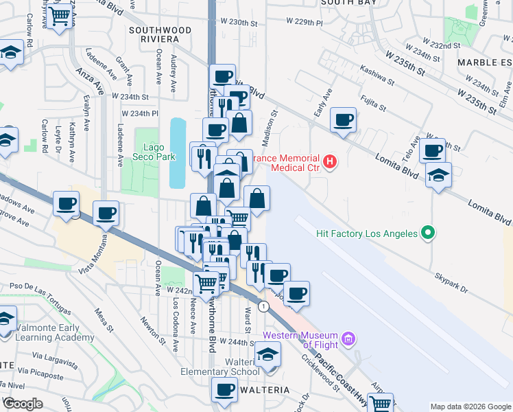 map of restaurants, bars, coffee shops, grocery stores, and more near 23820 Hawthorne Boulevard in Torrance