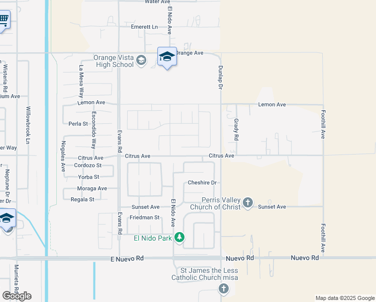 map of restaurants, bars, coffee shops, grocery stores, and more near 1407 Giosetta Street in Perris