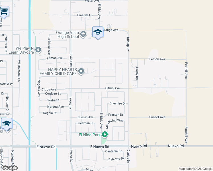 map of restaurants, bars, coffee shops, grocery stores, and more near 1371 Giosetta Street in Perris