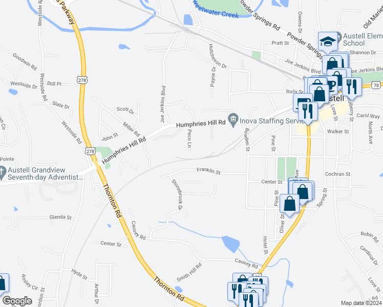 map of restaurants, bars, coffee shops, grocery stores, and more near 5991 Peco Lane in Austell