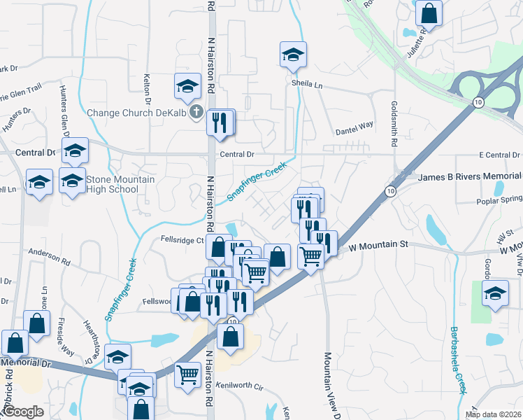 map of restaurants, bars, coffee shops, grocery stores, and more near 1022 Thorn Woode Lane in Stone Mountain