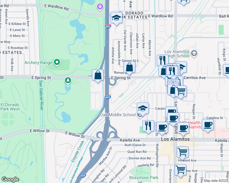 map of restaurants, bars, coffee shops, grocery stores, and more near 7890 East Spring Street in Long Beach