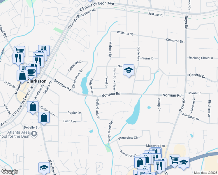 map of restaurants, bars, coffee shops, grocery stores, and more near 995 Texel Lane in Clarkston